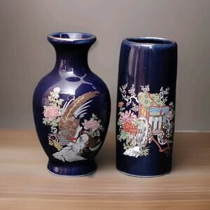 VTG Ceramic Cobalt Blue Mini Bud Vase Gold Trim Pheasant Flowers Japan Set of 2